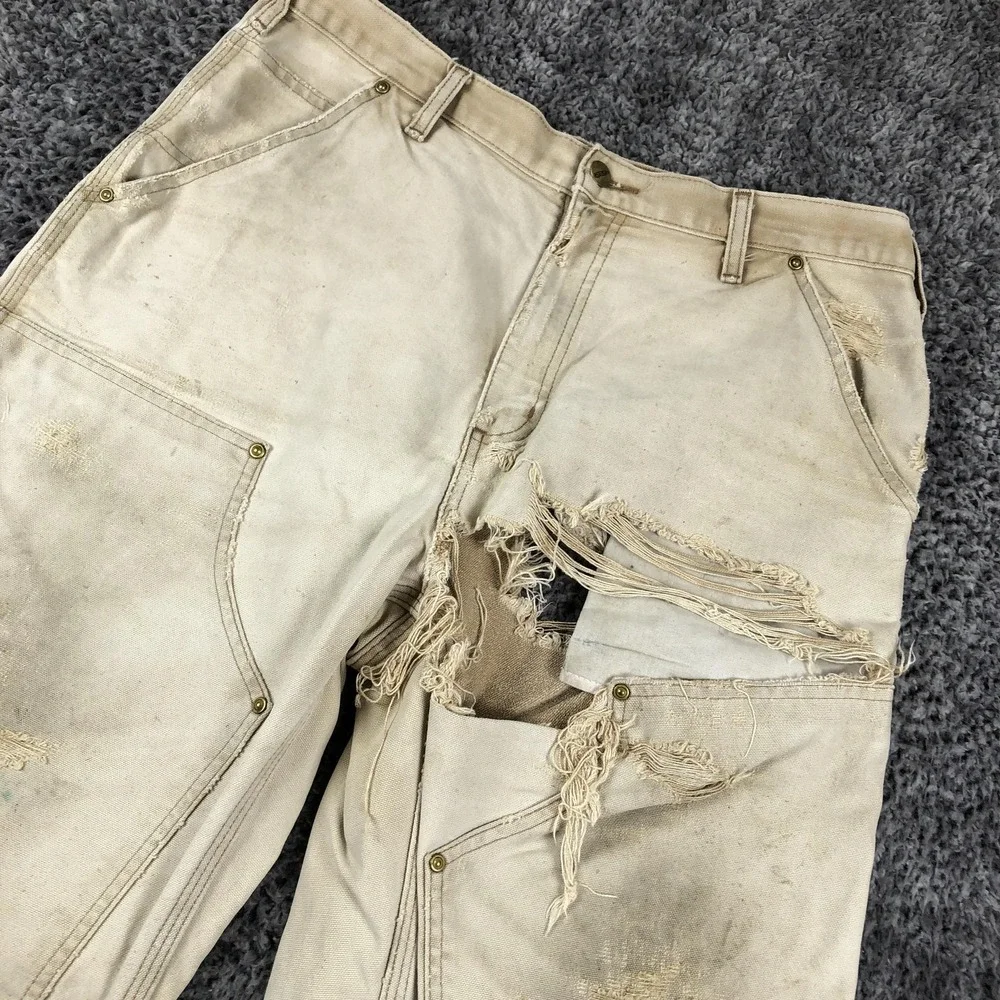 Carhartt Pants Mens 34x32 Beige Canvas Double Knee Thrashed Workwear B136‎ BRJ